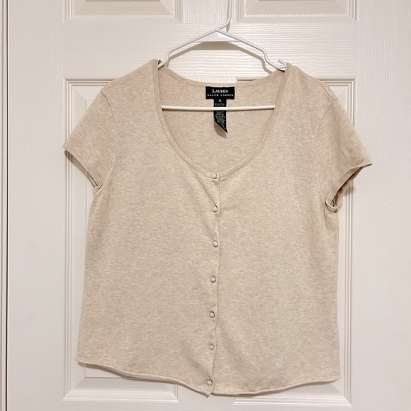 Ralph Lauren short sleeve cotton beige grey V-neck sweater with knot buttons- XL - Picture 1 of 5